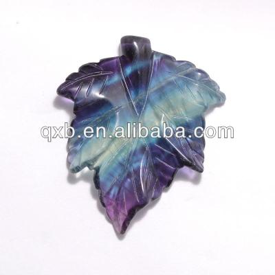 China Colorful Gemstone Flourite Leaf Pendant Handmade Large Carved for sale