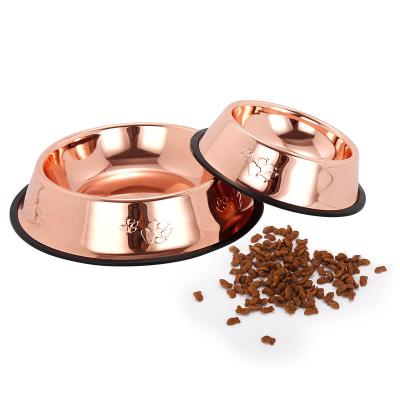 China Custom Viable Rose Gold Stainless Steel Pet Food Bowl Dog Bowl Thick Dog Shaped Pet Food Feeder for Cats and Dogs for sale