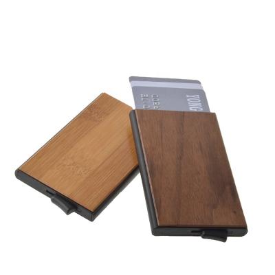 China Promotional Bogia RFID Aluminum Case Pop Up Slim Wooden Card Case Bank Card Holder Aluminum Wallet For Man for sale