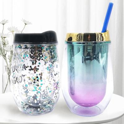 China Custom Creative U Shaped Plastic Cold Drink Viable Logo 350ml Water Cup Double Layer Straw Water Bottle With Cover for sale