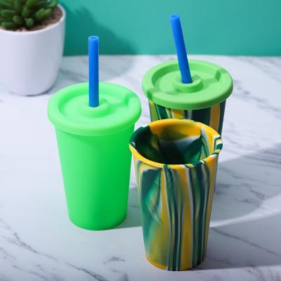 China New Logo 500ml Silicone Food Grade Anti Drop Silicone Water Cup Disposable Custom Outdoor Portable Reusable Cup Durable With Straw for sale