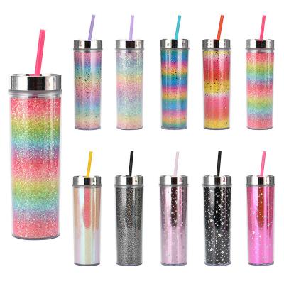 China Creative Logo Rainbow Gradient Straight Double Layer Cup 16oz Viable Custom Plastic Water Bottle With Straw for sale