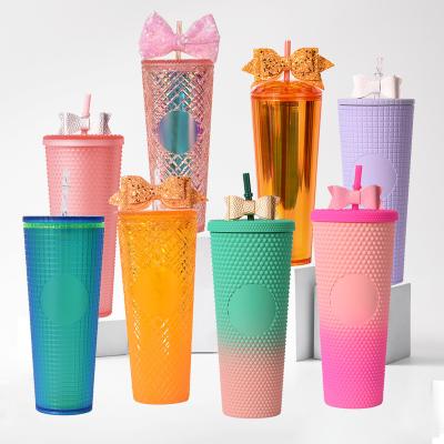 China Sustainable 24oz 20oz 16oz Pink Studded Custom Logo Bulk Plastic Tumbler Cold Coffee Mug Tumbler Cups With Lids And Straws for sale