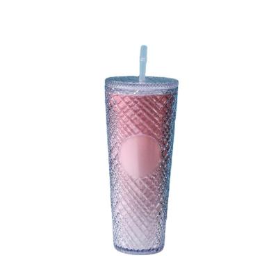 China Viable Custom Logo Durian Plastic Cups Large Capacity Double Layer Straw Cup Large Capacity Diamond for sale