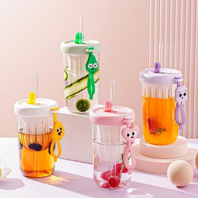 China Custom Leakproof Clear Water Bottles Stored Logo 500ml Juice Drinking Cup Reusable School Kids With Glass Straw for sale