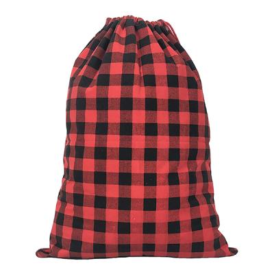 China Rare Patterns Eco-Friendly Personalized Large Red Sublimation Santa Sack Sacks Cotton Canvas Christmas Plaid With Double Rope Drawstring for sale