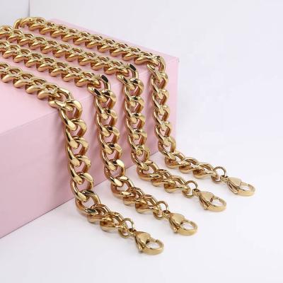 China Chain Jewelry Women Stainless Steel Chunky Gold Miami Cuban Link Hiphop Anklet Chain 9mm Necklace 10mm Bracelet Wholesale for sale