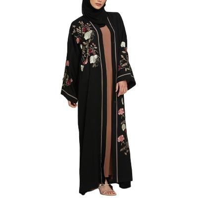 China Latest Design Anti-Static Luxurious Women Muslim Dress Black Floral Embroidered Open Prayer Dubai Abaya for sale