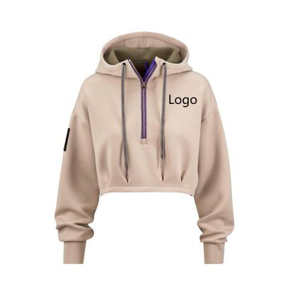 China Custom Heavy Women Cropped Hoodie Plain Cotton Embroidery Half Zipper Pullover Fleece Logo Sweatshirt Ladies High Quality Anti-wrinkle for sale