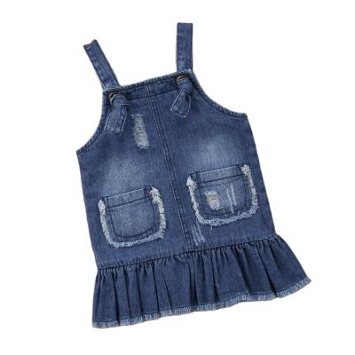 China RTS Breathable Kids Distressed Denim Dress With Pockets Baby Tied Suspender Skirt for sale