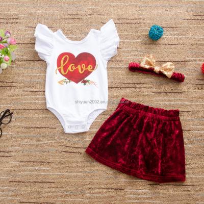 China 2021 Valentine's Day casual baby clothes girls ruffle leotards with velvet skirt sets kids festival outfits for sale