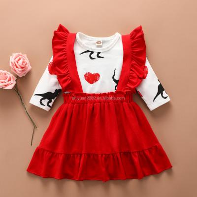 China Boutique Casual Baby Clothes Girls Suspender Skirt With Heart Dinosaur Shirt Sets Kids Valentine's Day Outfits for sale