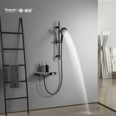 China With Sliding Bar YUSON YS34098-K2 Matte Black Luxury Bathroom Shower Set Hot And Cold Thermostatic Faucet With Shelf Sliding Shower Set for sale