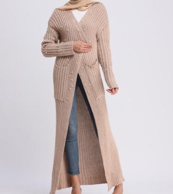 China High Quality Women Autumn Winter Pearl Soft Muslim Feeling New Long Sleeve Knit Striped Knitted Coat for sale