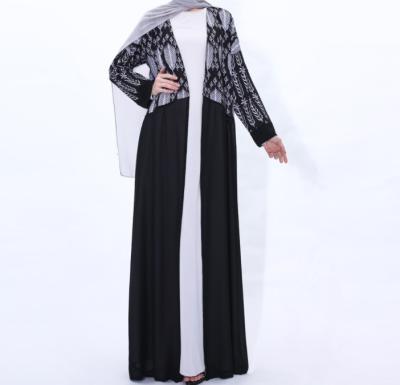 China New OEM Leaf Print Soft Muslim Maxi Dress Elegant Feeling Ladies Dress Black Stitching Abaya Maxi Dress Muslim Female Chiffon Cardigan for sale