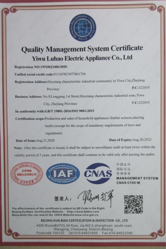 ISO9001 - Yiwu Luhao Electric Appliances Co., Ltd.