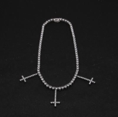 China Hiphop hip hop hitter cross style 925 sterling silver moissnaite diamond tennis chain necklace for sale