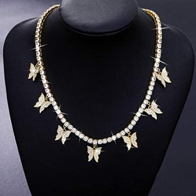 China European Design Women Hip Hop Bling Moissanite Diamond Round Butterfly Tennis Chain Necklace Premium Quality New for sale