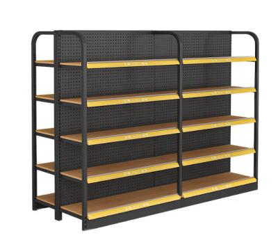 China Double Sided Custom Metal and Wood Grocery Display Racks /shelves for General Grocery Supermarket Shelf Gondola Shelving for sale