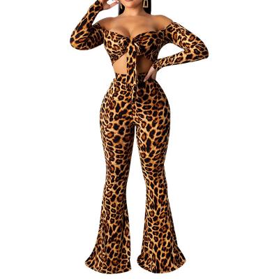 China QUICK DRY Long Sleeves Crop Top With Bell Bottom Pants 2 Piece Pants Set Women Clothing Leopard Snake Print Plus Size 2 Piece Set Hxmp for sale