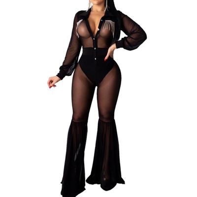 China QUICK DRY High Quality Hot Selling Fashion Collar Long Sleeve Spring Jumpsuits Turn-down Sexy See Through Mesh Jumpsuits for sale