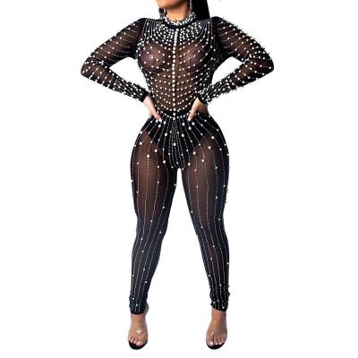 China 2021 QUICK DRY Long Sleeve Mesh Rhinestone Jumpsuit Sexy Club Last Spring O-Neck High Quality Fashion Wear See Through Luxury Overalls for sale