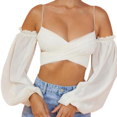 China Anti-Wrinkle OEM Available Fashion Plus Size Blouses Sexy Off Shoulder Puff Sleeve Chiffon Tops Women's Clothing 2021 Summer Long Sleeve Blouses for sale