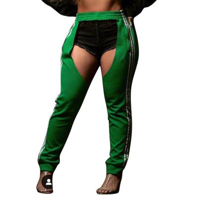 China Newest Design Anti-wrinkle Fashion Spring Sidestripe High Waist Sexy Hollow Out Women High Quality Green Loose Pants Plus Size Harem Pants for sale