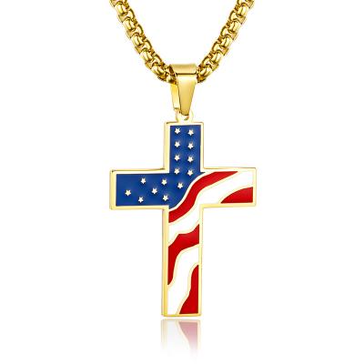 China Flag Day Gift Stainless Steel American USA Flag Cross Religious Pendant Necklace Jewelry For Men for sale