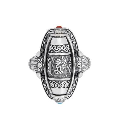 Китай S999 Pure Silver Six-character Mantra Ring Men's Retro Sterling Silver Gluttonous Guard Ring продается