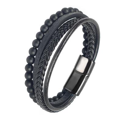 China Punk Men's Stainless Steel Leather Multilayer Black Frosted Beads Black Woven Magnet Beaded Bracelet for sale