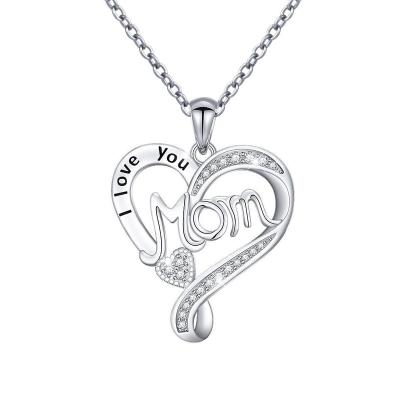 China Fashion I Love you Mom Pendant S925 Sterling Silver Zircon Platinum Heart Mother's Day Necklace for sale