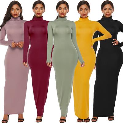 China 2021 Wholesale Breathable Maxi Dress Long Sleeve Plus Size Women Bodycon Casual Dresses Cotton Autumn Winter Solid Color Pencil for sale