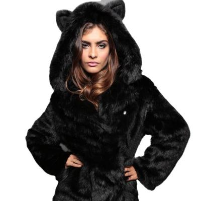 China Anti-wrinkle Plum-waist Women's Fall/Winter Fox Fur Coat With Hat And Ears Length Medium Faux Fur Coat for sale