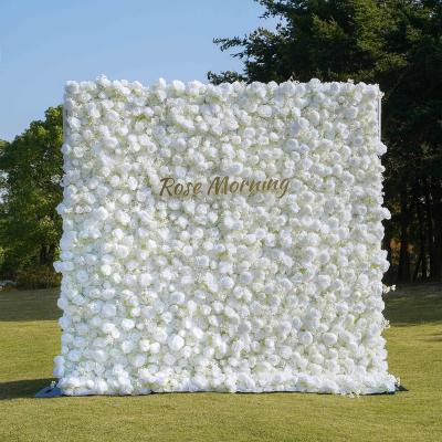 China Wedding White 3D Roses Rolling Up Artificial Flower Wall To Wedding Decoration for sale