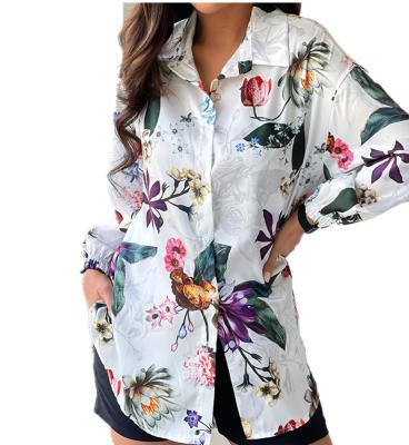 China Long Lapel Breathable Sheath Blouse For Ladies Women Floral Print Silky Shirts for sale