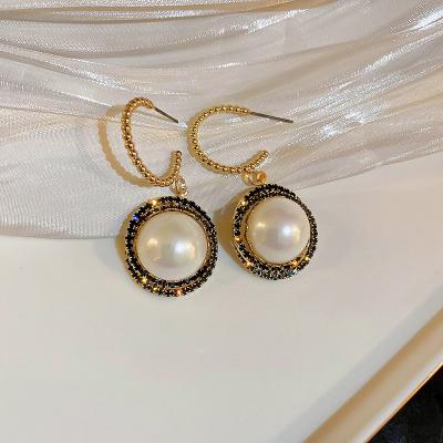 China Office / Career Popular Fashion C Shape Crystal And Baroque Dangle Pearl Dangle Earrings for sale