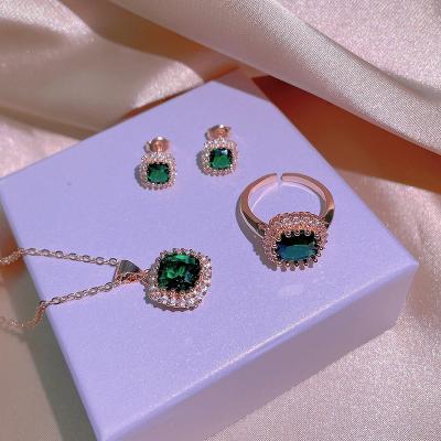 China Romantic Green Zircon Ellipse Princess Stud Necklace Earring Ring Woman Jewelry Set Wedding Bridal for sale