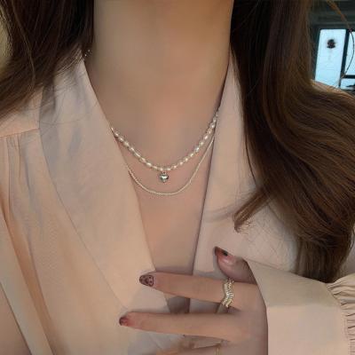 China Fashion Lady Girls Freshwater Pearl 2pc CLASSIC Silver Heart Chain Pendant Necklace for sale