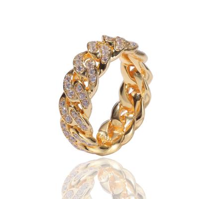 China Hiphop Real Stone Hip Hop 8mm CZ Stone Gold Plated Fashion Men's Cuban Link Ring Cubic Zirconia Chain Ring for sale