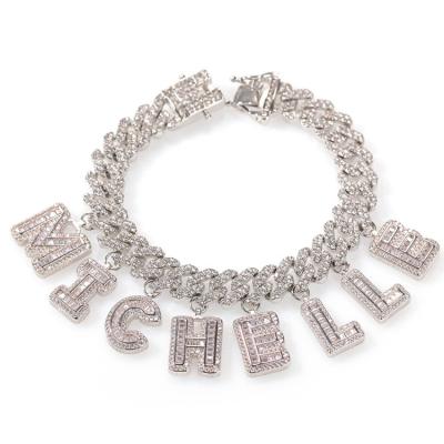 China New Trend Hiphop Zircon Letter Anklet Bracelet 12mm Bar DIY Letter Charm Cuba Chain Bracelet for sale