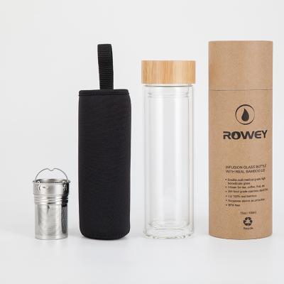 China Sustainable Custom Glass Tumbler Borosilicate Tea Bottle With Bamboo Lid Double Wall Glass Bottle Infuser for sale