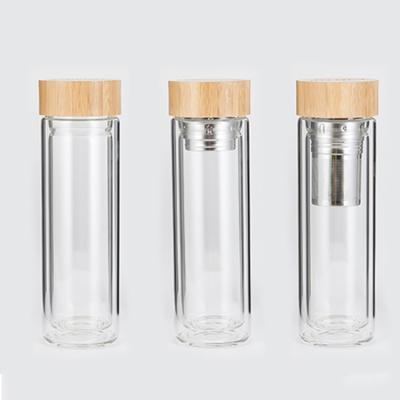 China Double Wall 450ml Glass Water Bottle Custom Viable Glass Water Bottle Tea Infuser Bottle With Bamboo Lid for sale