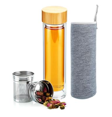 China Cheap Sustainable Bamboo Lid Double Wall Glass Water Bottle With Tea Cup Infuser for sale