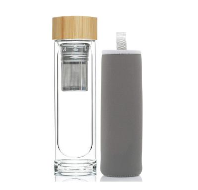 China Double Wall Viable Hot Sale Glass Water Bottle Bamboo Lid With Filter Glass Drinking Deto Water Bottles for sale