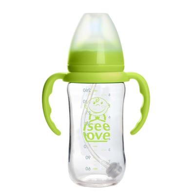 China 180ml Glass BPA Free Safe Infant Baby BPA Free Feeding Water Bottle With Handle for sale