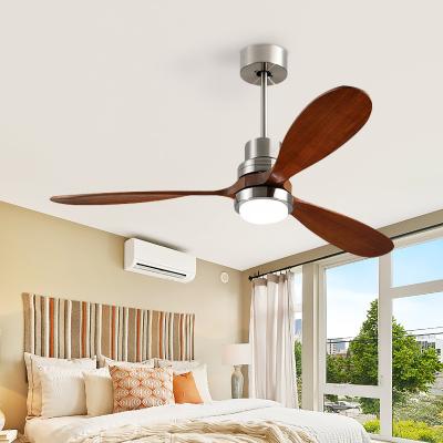 China Modern Smart Led Ceiling Fan modern 52 Inch Matt brushed nickel color 3 solid wood blades energy saving DC motor ceiling fan with led lights remote for sale