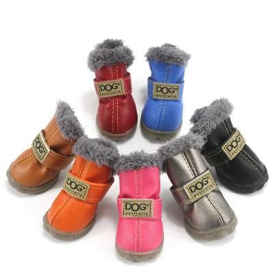 China 4Pcs/Set Durable Super Warm Thicken Fur Waterproof Non Slip Winter Rubber Leather Shoes For Pet Snow Boots Dog Shoes for sale