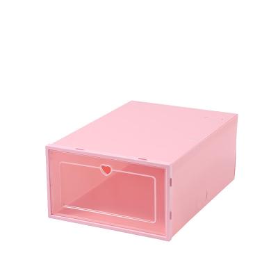 China Folding made in Zhejiang, the plastic pink stackable shoe box with transparent front flap and customized logo for sale