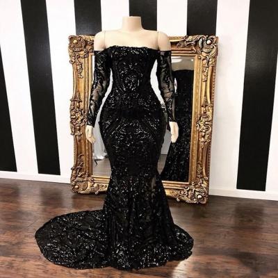 China Shiny Prom Dresses Breathable Womens Long Dresses Sequined Mermaid Bateau Neck Sleeve Floor Length African Black 2020 Girl's Evening Party for sale